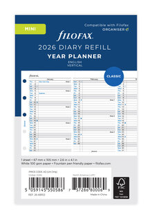 Filofax Årsplan Mini 2026. Engelsk text